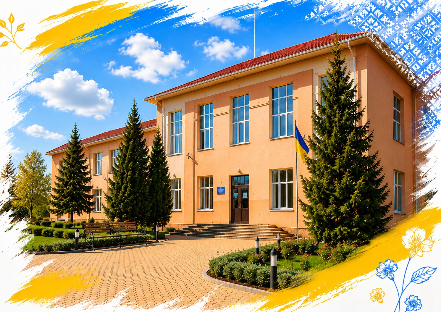 Фасад українського ліцею серед доглянутої зеленої території
